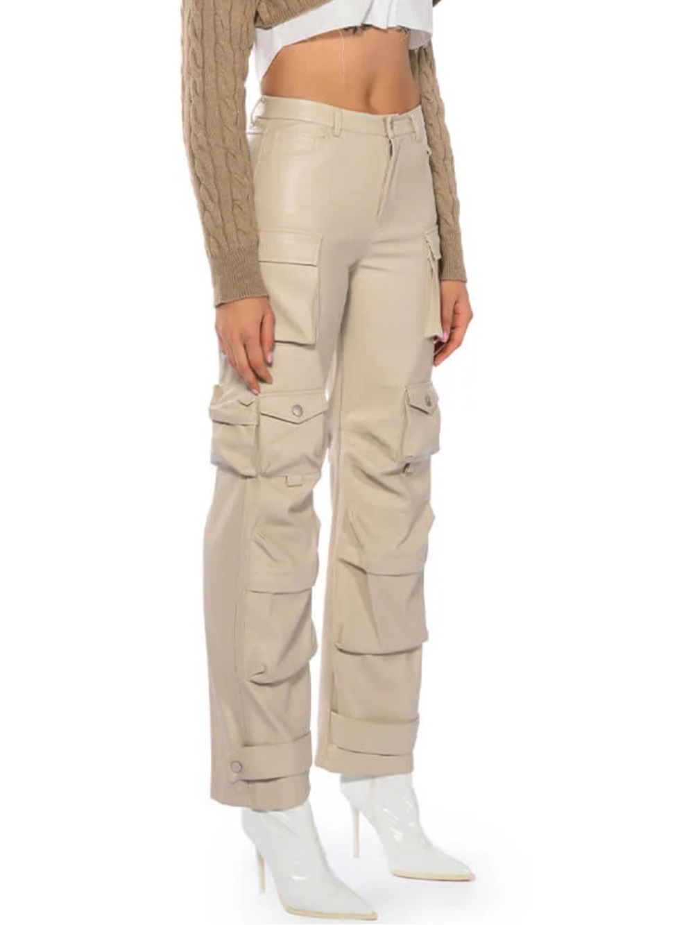AKIRA BONNE SOIRÉE Faux Leather Cargo Pants Y2K Cream Taupe Utility Streetwear